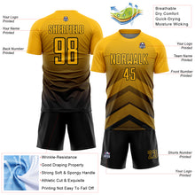 Load image into Gallery viewer, Custom Gold Black Gradient Arrow Geometric Shapes Sublimation Soccer Uniform Jersey
