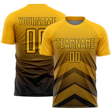 Load image into Gallery viewer, Custom Gold Black Gradient Arrow Geometric Shapes Sublimation Soccer Uniform Jersey
