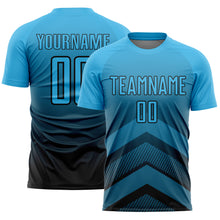 Load image into Gallery viewer, Custom Sky Blue Black Gradient Arrow Geometric Shapes Sublimation Soccer Uniform Jersey
