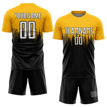 Load image into Gallery viewer, Custom Gold White-Black Gradient Dripping Splatter Art Sublimation Soccer Uniform Jersey
