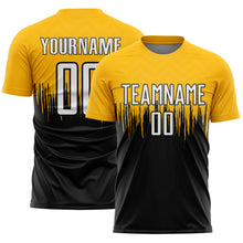 Load image into Gallery viewer, Custom Gold White-Black Gradient Dripping Splatter Art Sublimation Soccer Uniform Jersey

