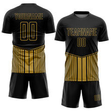Load image into Gallery viewer, Custom Black Old Gold Stripe Line Sublimation Soccer Uniform Jersey
