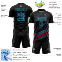 Load image into Gallery viewer, Custom Black Sky Blue Gradient Arrow Geometric Shapes Sublimation Soccer Uniform Jersey
