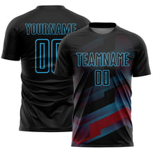 Load image into Gallery viewer, Custom Black Sky Blue Gradient Arrow Geometric Shapes Sublimation Soccer Uniform Jersey
