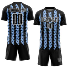 Laden Sie das Bild in den Galerie-Viewer, Custom Black Light Blue-White Stripe Line Sublimation Soccer Uniform Jersey
