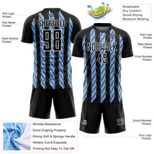 Laden Sie das Bild in den Galerie-Viewer, Custom Black Light Blue-White Stripe Line Sublimation Soccer Uniform Jersey

