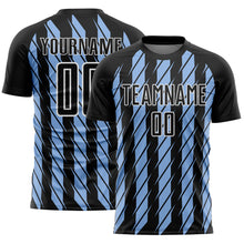 Laden Sie das Bild in den Galerie-Viewer, Custom Black Light Blue-White Stripe Line Sublimation Soccer Uniform Jersey

