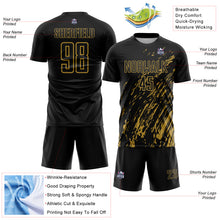 Load image into Gallery viewer, Custom Black Old Gold Splash Sublimation Soccer Uniform Jersey
