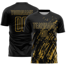 Load image into Gallery viewer, Custom Black Old Gold Splash Sublimation Soccer Uniform Jersey
