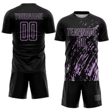 Laden Sie das Bild in den Galerie-Viewer, Custom Black Light Purple Splash Sublimation Soccer Uniform Jersey
