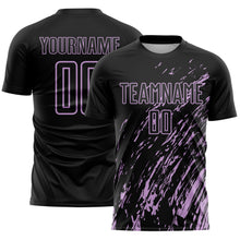 Laden Sie das Bild in den Galerie-Viewer, Custom Black Light Purple Splash Sublimation Soccer Uniform Jersey
