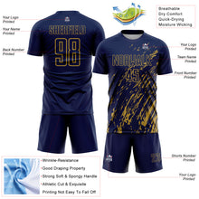 Load image into Gallery viewer, Custom Navy Old Gold Splash Sublimation Soccer Uniform Jersey
