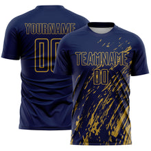 Load image into Gallery viewer, Custom Navy Old Gold Splash Sublimation Soccer Uniform Jersey
