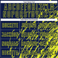 Load image into Gallery viewer, Custom Navy Neon Yellow Splash Sublimation Soccer Uniform Jersey
