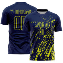 Load image into Gallery viewer, Custom Navy Neon Yellow Splash Sublimation Soccer Uniform Jersey
