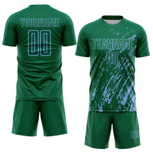 Load image into Gallery viewer, Custom Kelly Green Light Blue Splash Sublimation Soccer Uniform Jersey
