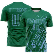 Load image into Gallery viewer, Custom Kelly Green Light Blue Splash Sublimation Soccer Uniform Jersey
