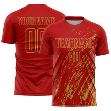 Load image into Gallery viewer, Custom Red Old Gold Splash Sublimation Soccer Uniform Jersey
