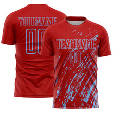 Load image into Gallery viewer, Custom Red Light Blue Splash Sublimation Soccer Uniform Jersey
