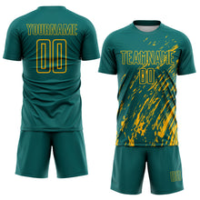Load image into Gallery viewer, Custom Teal Gold Splash Sublimation Soccer Uniform Jersey
