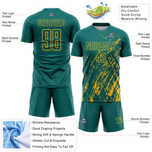 Load image into Gallery viewer, Custom Teal Gold Splash Sublimation Soccer Uniform Jersey
