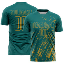 Load image into Gallery viewer, Custom Teal Old Gold Splash Sublimation Soccer Uniform Jersey
