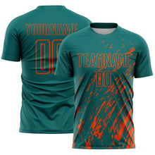 Load image into Gallery viewer, Custom Teal Orange Splash Sublimation Soccer Uniform Jersey
