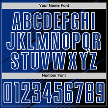 Laden Sie das Bild in den Galerie-Viewer, Custom Black Royal-White Line Sublimation Soccer Uniform Jersey
