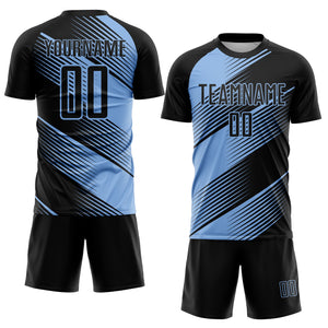 Custom Black Light Blue Line Sublimation Soccer Uniform Jersey