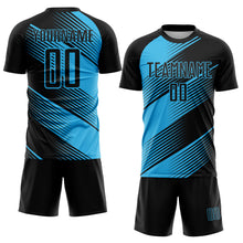 Laden Sie das Bild in den Galerie-Viewer, Custom Black Sky Blue Line Sublimation Soccer Uniform Jersey
