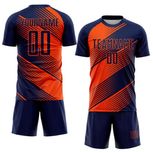 Load image into Gallery viewer, Custom Navy Orange Line Sublimation Soccer Uniform Jersey
