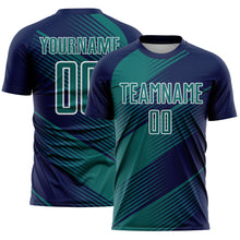 Load image into Gallery viewer, Custom Navy Teal-White Line Sublimation Soccer Uniform Jersey
