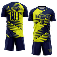 Load image into Gallery viewer, Custom Navy Neon Yellow Line Sublimation Soccer Uniform Jersey
