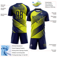 Load image into Gallery viewer, Custom Navy Neon Yellow Line Sublimation Soccer Uniform Jersey
