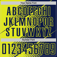 Load image into Gallery viewer, Custom Navy Neon Yellow Line Sublimation Soccer Uniform Jersey
