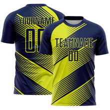 Load image into Gallery viewer, Custom Navy Neon Yellow Line Sublimation Soccer Uniform Jersey
