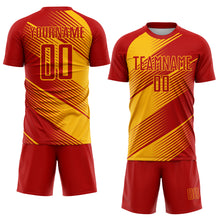 Load image into Gallery viewer, Custom Red Gold Line Sublimation Soccer Uniform Jersey
