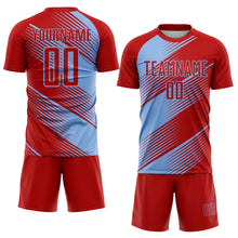 Load image into Gallery viewer, Custom Red Light Blue Line Sublimation Soccer Uniform Jersey
