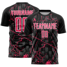 Load image into Gallery viewer, Custom Black Neon Pink-White Lightning Sublimation Soccer Uniform Jersey
