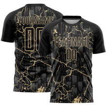 Load image into Gallery viewer, Custom Black Vegas Gold Lightning Sublimation Soccer Uniform Jersey
