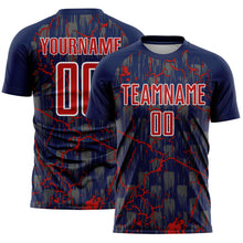 Load image into Gallery viewer, Custom Navy Red-White Lightning Sublimation Soccer Uniform Jersey
