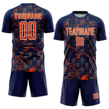 Load image into Gallery viewer, Custom Navy Orange-White Lightning Sublimation Soccer Uniform Jersey
