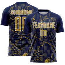 Load image into Gallery viewer, Custom Navy Old Gold-White Lightning Sublimation Soccer Uniform Jersey
