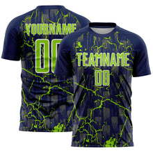 Load image into Gallery viewer, Custom Navy Neon Green-White Lightning Sublimation Soccer Uniform Jersey
