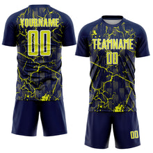 Load image into Gallery viewer, Custom Navy Neon Yellow-White Lightning Sublimation Soccer Uniform Jersey
