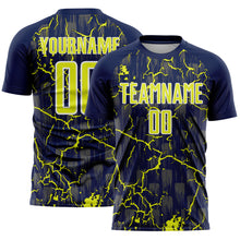 Load image into Gallery viewer, Custom Navy Neon Yellow-White Lightning Sublimation Soccer Uniform Jersey

