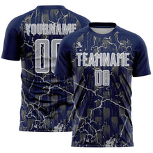Load image into Gallery viewer, Custom Navy Gray-White Lightning Sublimation Soccer Uniform Jersey
