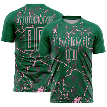 Custom Kelly Green Light Pink Lightning Sublimation Soccer Uniform Jersey