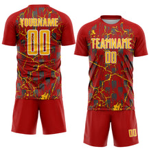 Load image into Gallery viewer, Custom Red Gold-White Lightning Sublimation Soccer Uniform Jersey
