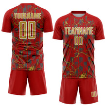 Load image into Gallery viewer, Custom Red Old Gold-White Lightning Sublimation Soccer Uniform Jersey
